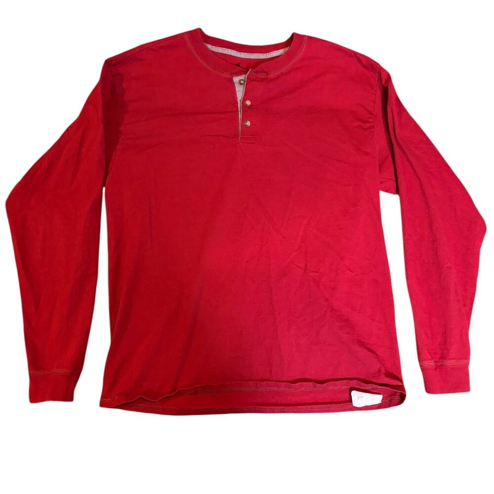 HANES Beefy-T Men's Long Sleeve Henley Size LARGE Burnt Brick Red Heritage Cabin